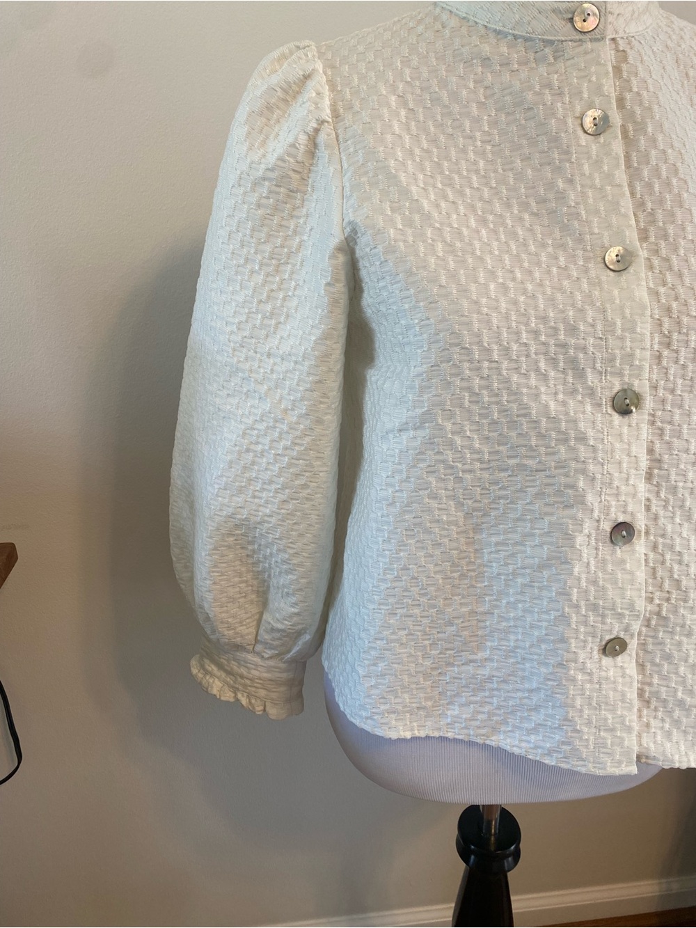 THML Cream Textured Ruffle-Neck Button Front Blouse - Picture 2 of 8